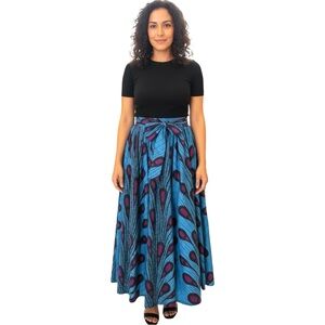 African Peacock Print Cotton Circle Maxi Skirt Size M